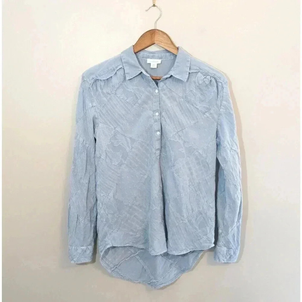 Sundance Simply Shannon Blue Patchwork 100% Cotton Blouse Sz PXS Petite XS 98398